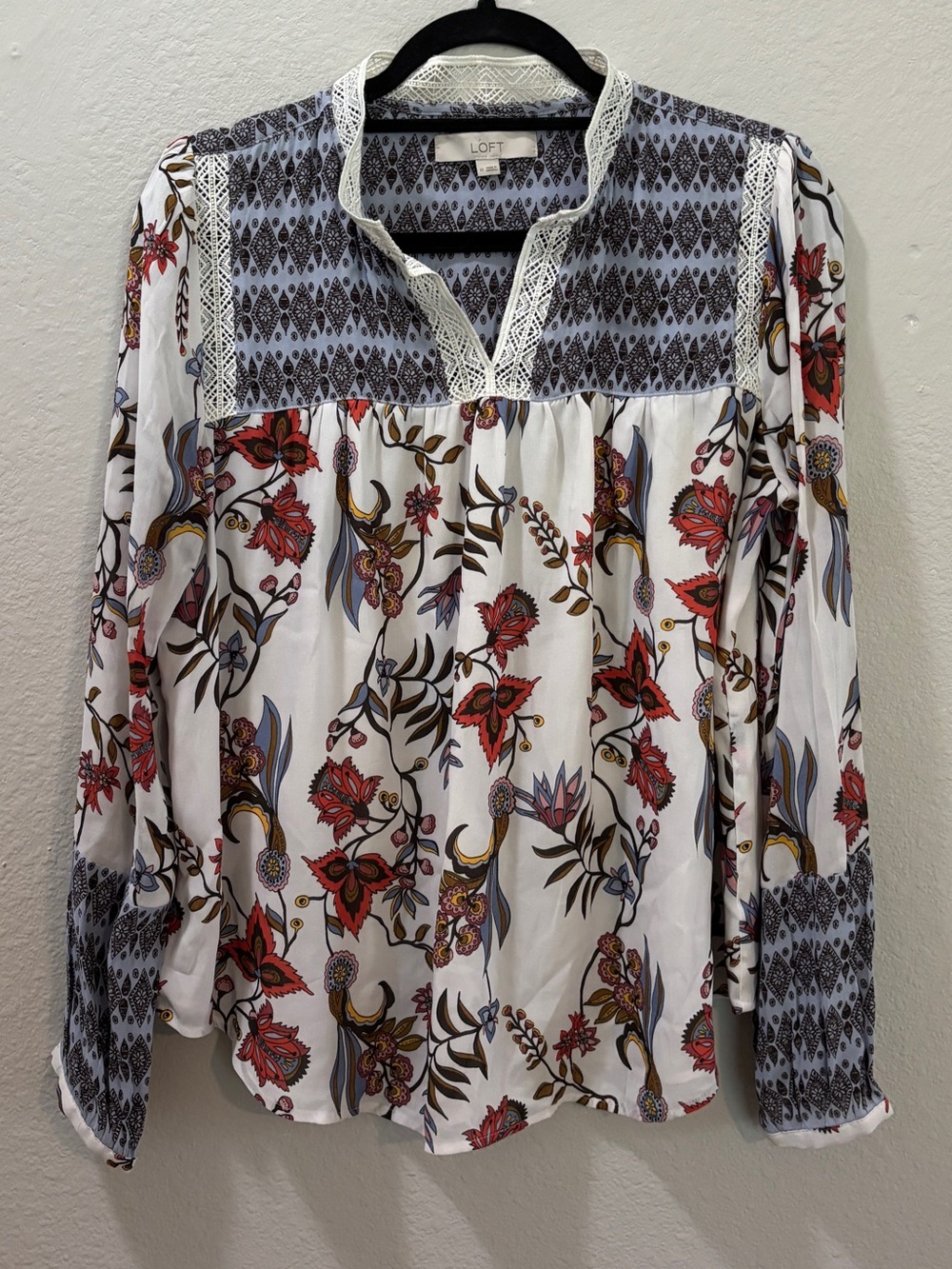 LOFT Floral Mixed Print Lace Trim Boho Blouse Size Medium